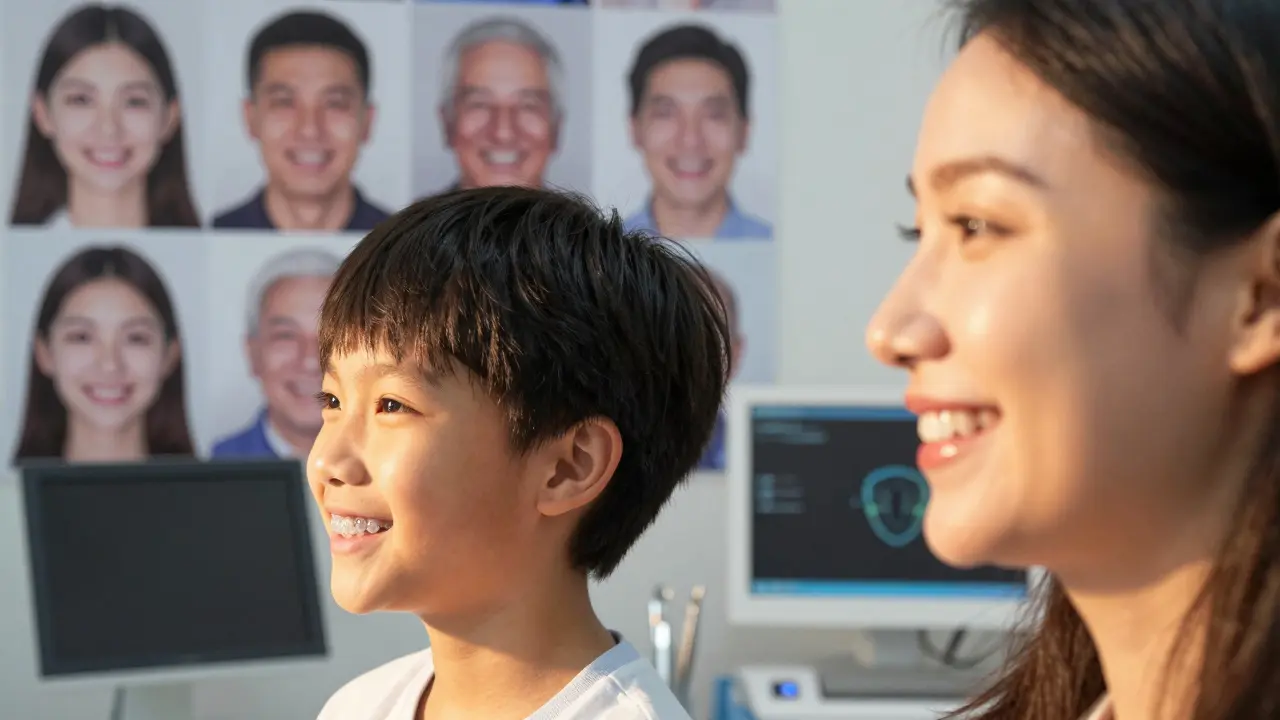 Dítě a dospělý se usmívají s téměř neviditelnými rovnátky, za nimiž jsou fotografie před a po léčbě.