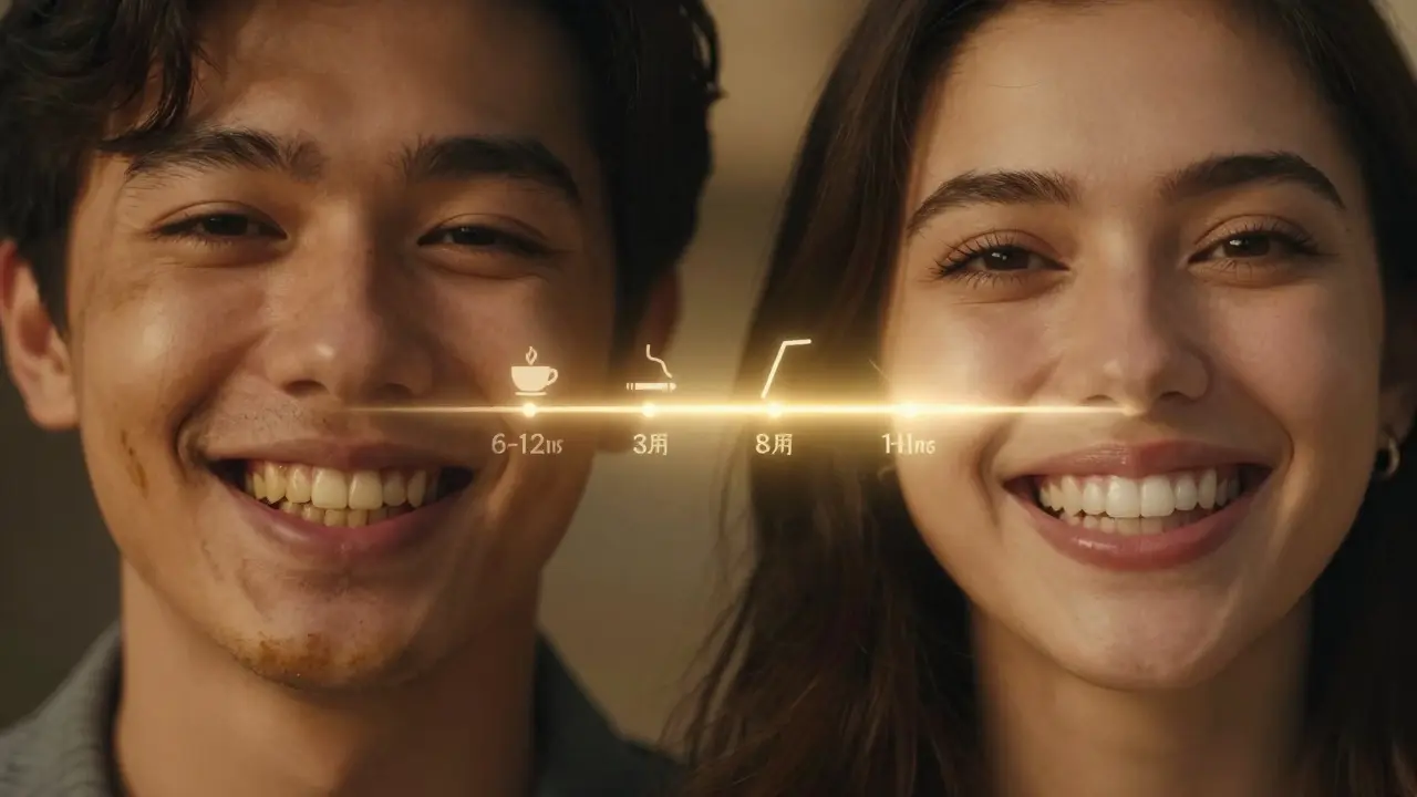 Dva kontrastní úsměvy: tmavý a světlý, s časovou osou trvání výsledku.