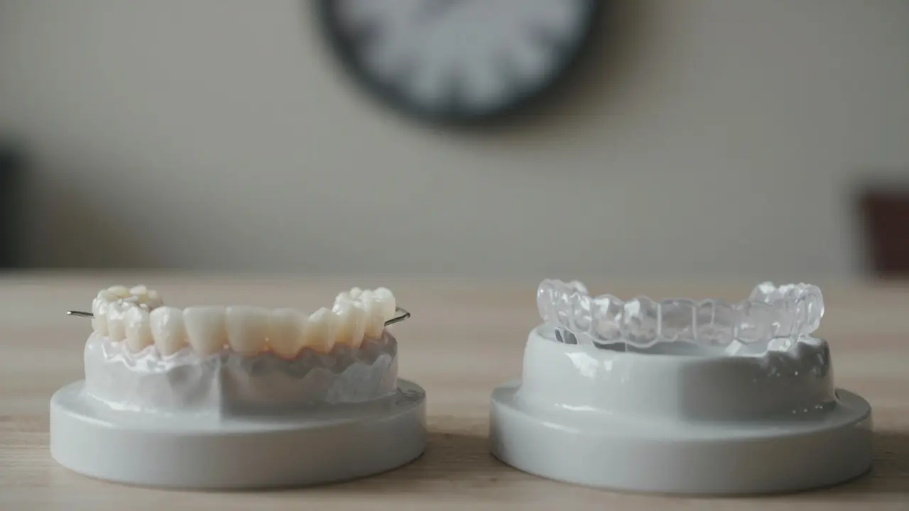 Dva typy zubních držidel: pevný kovový drátek a odstranitelné držidlo na bílé podložce.