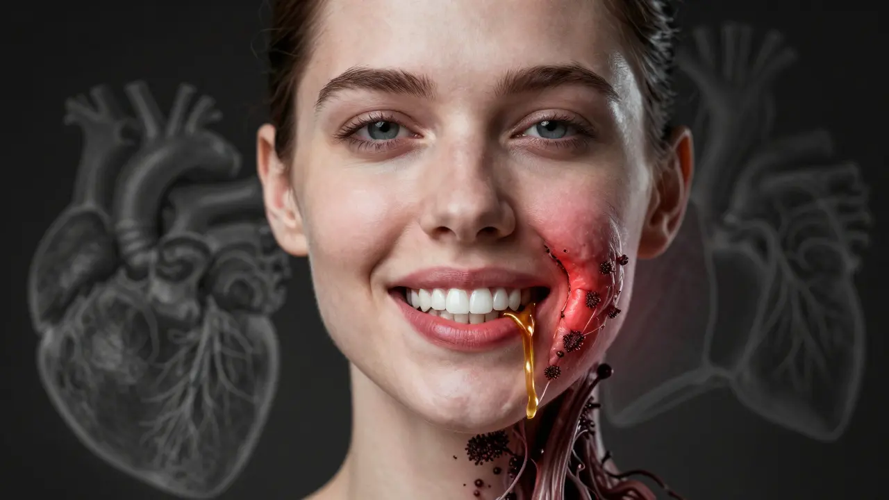 Dvě strany obličeje: jedna zdravá, druhá postižená zánětem s hnisem se šířícím do krku a hlavy.