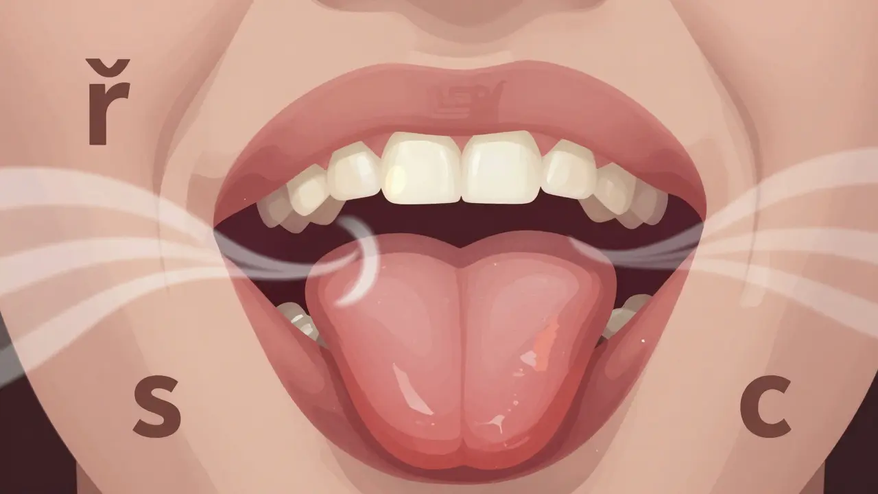 Jazyk interagující s nevhodně postavenými zuby, znázorňující porušení výslovnosti českých hlásek.