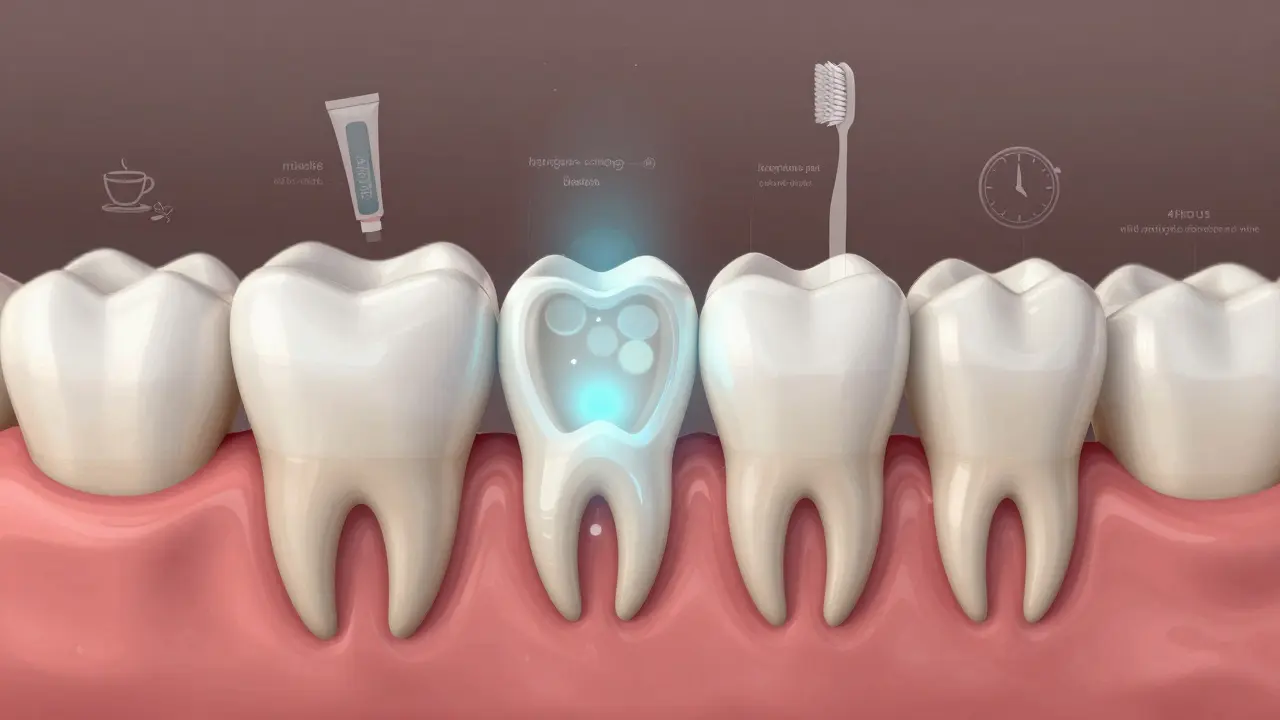 Mikroskopický řez zubem s otevřenými kanálky během bělení a symboly bezpečné praxe.