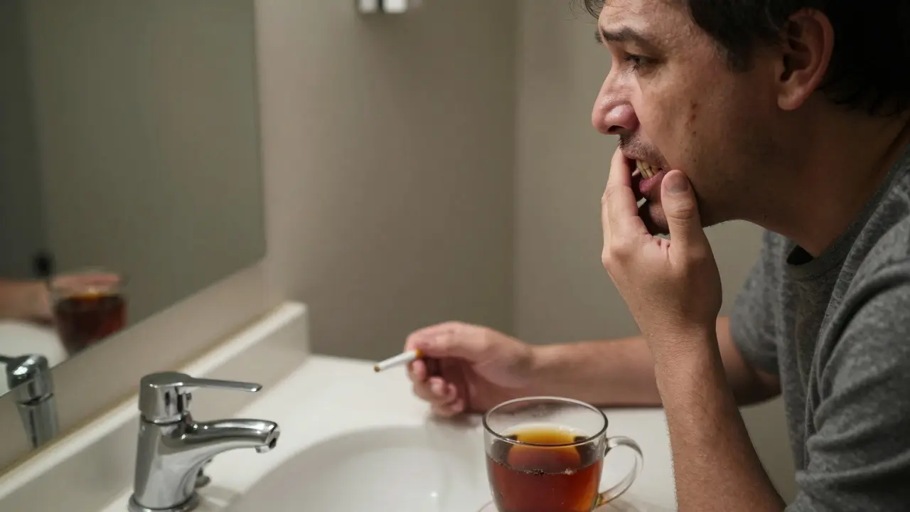 Muž hledí do zrcadla a vidí tmavé skvrny na zubech, vedle něj čaj a cigareta.