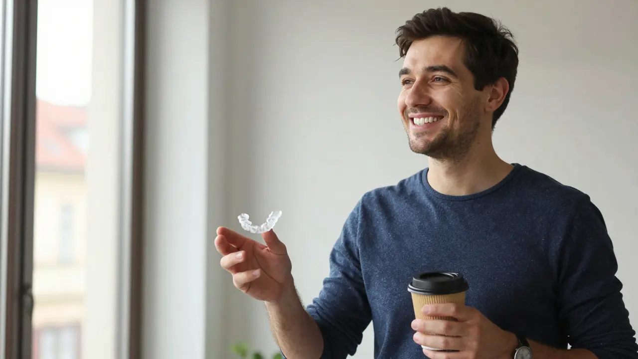 Muž po ortodontické léčbě sebevědomě mluví, s téměř neviditelnými alignery, v jasném světle.