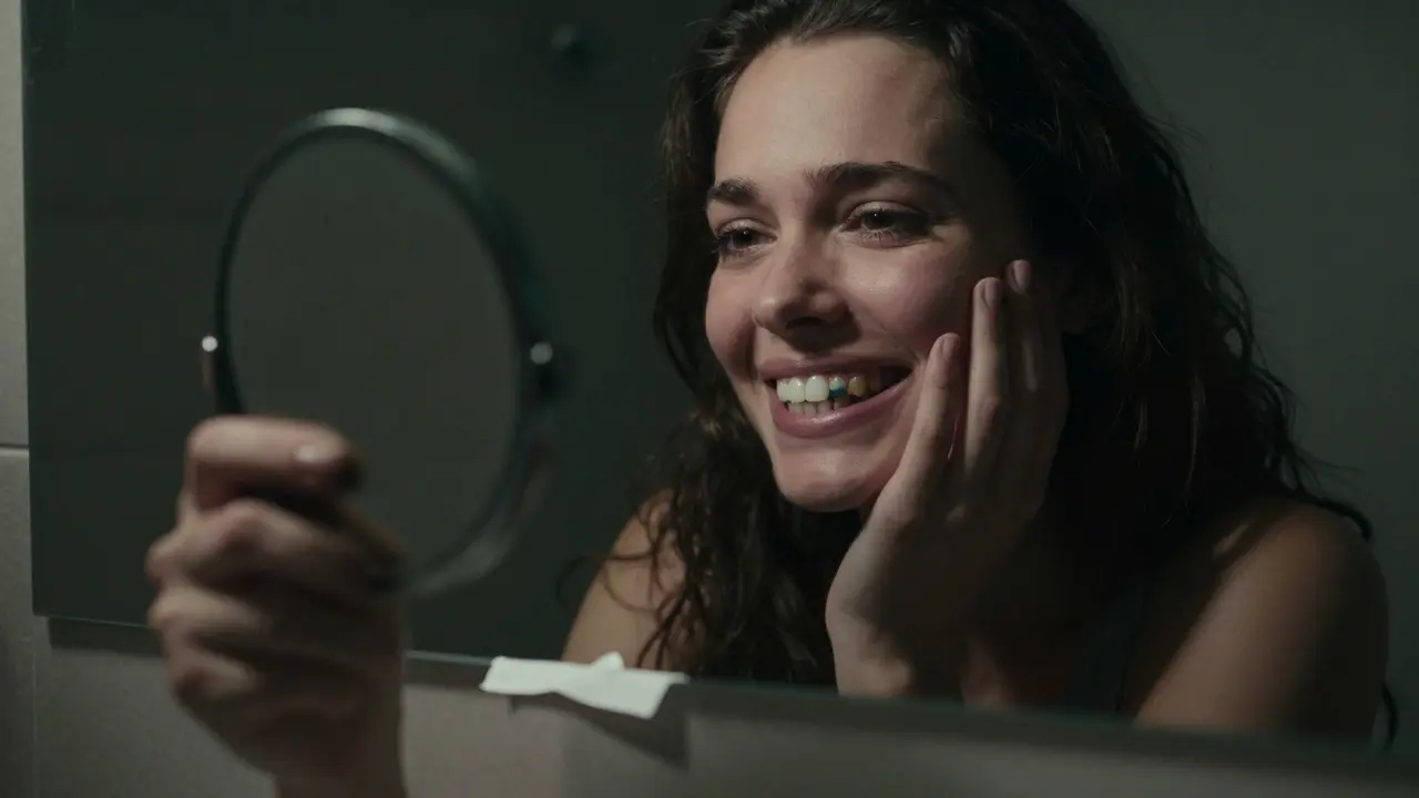 Nerovnoměrně bělené zuby s viditelnými plombami a známkami citlivosti.