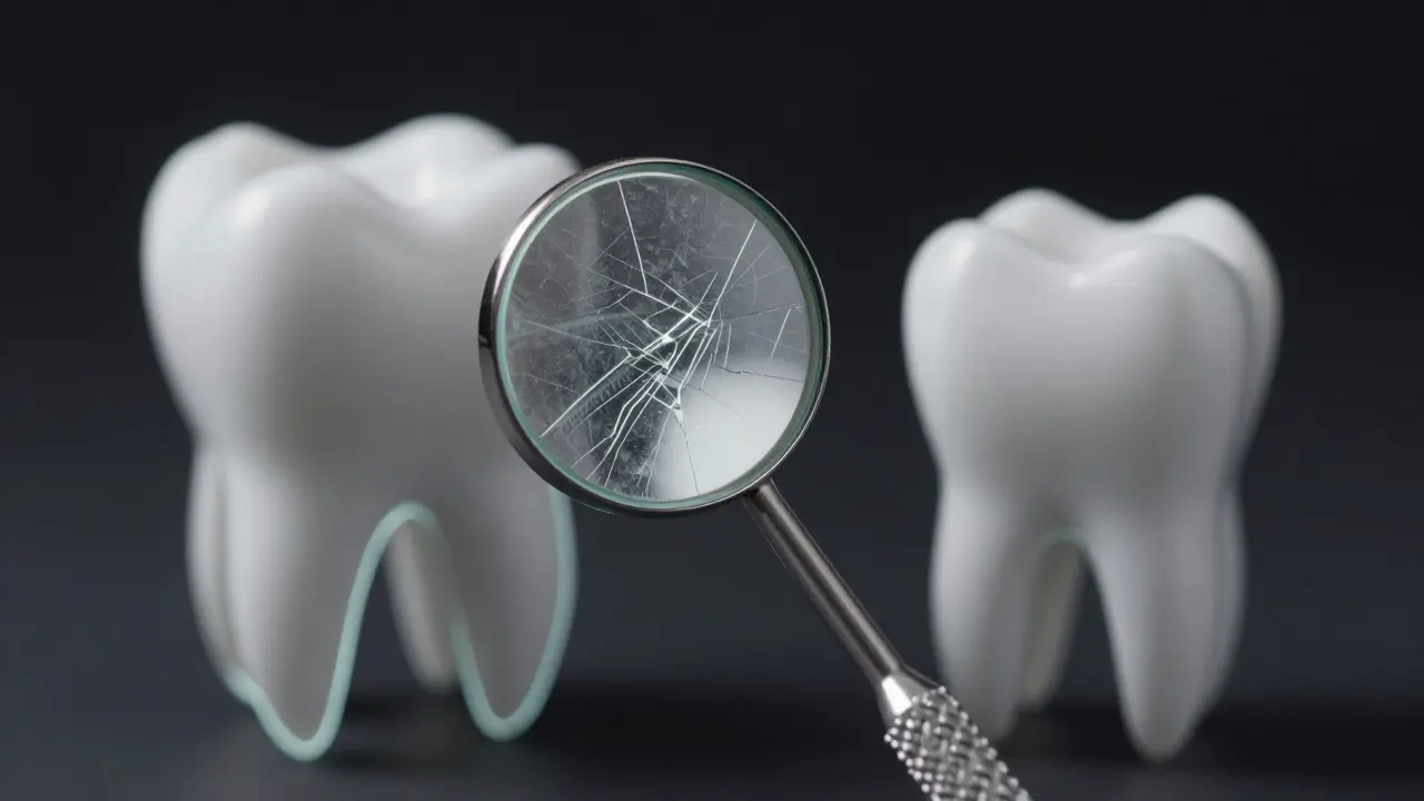 Porovnání poškozeného a nového dentálního zrcátka s jasným odrazem zubů.