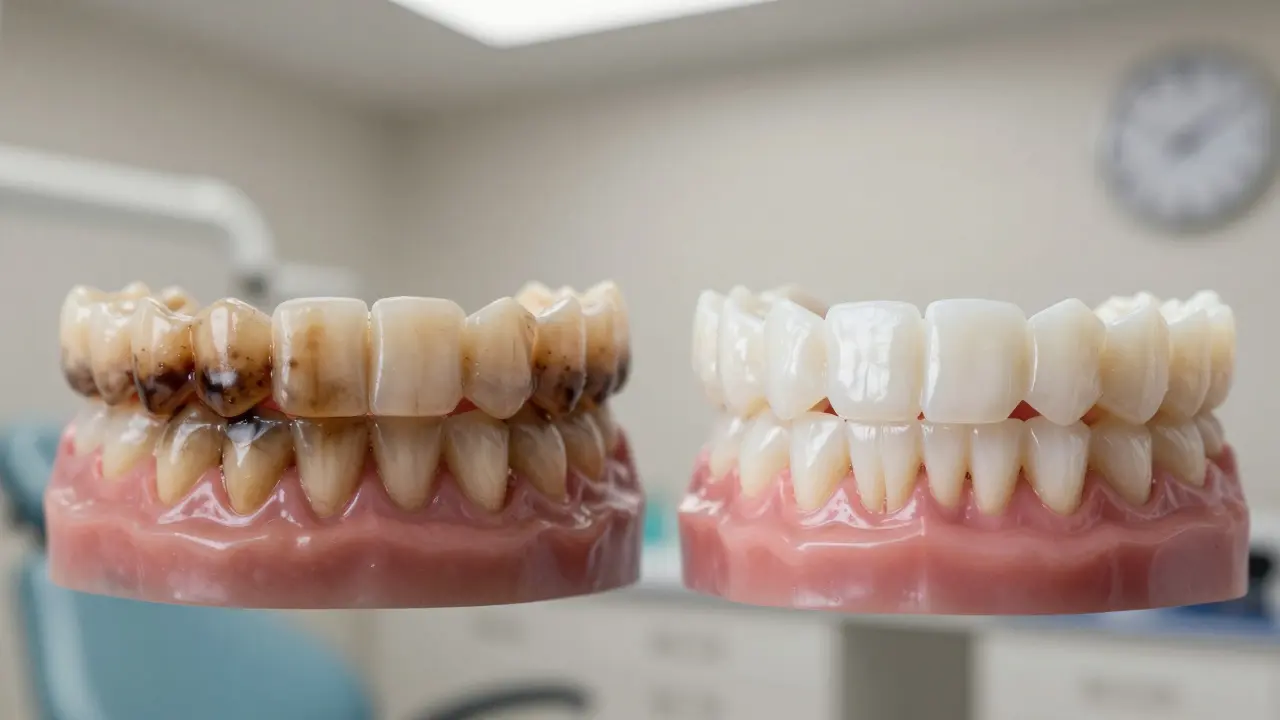 Porovnání zubů před a po pískování: tmavé skvrny vs. čistý, lesklý povrch.