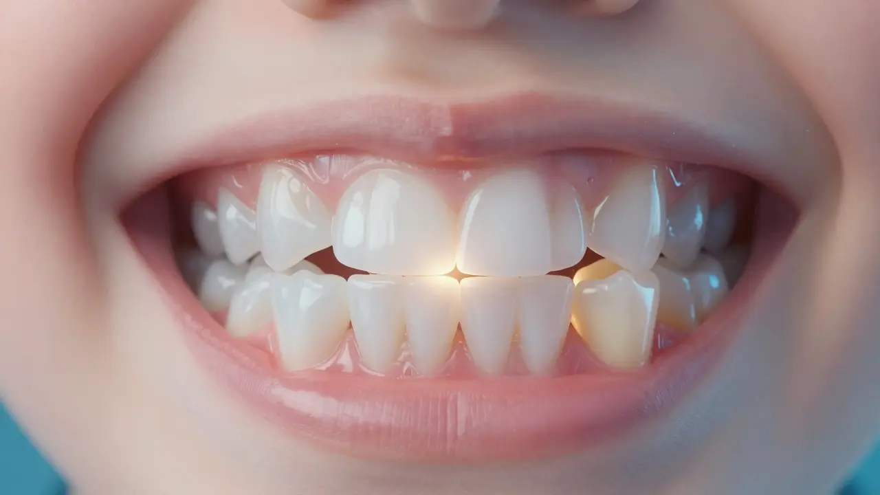 Přehled vývoje dětských zubů pod dásněmi, mezera mezi řezáky se postupně zavírá.