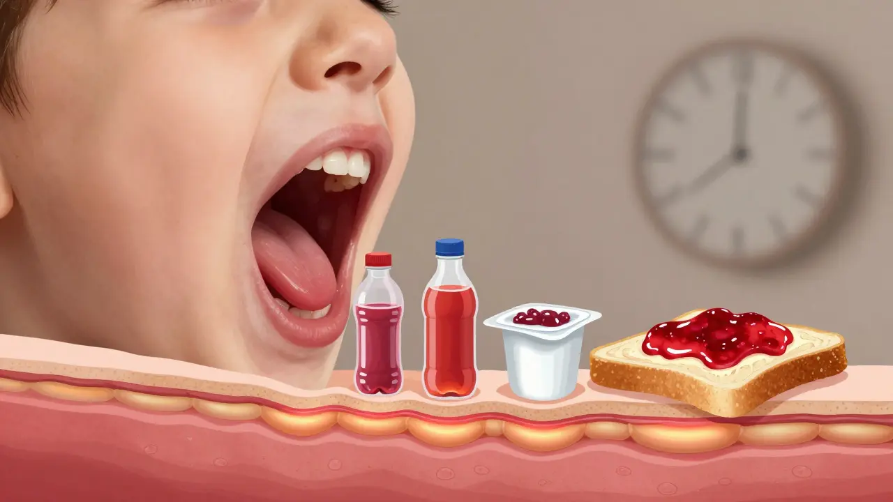 Průřez dětskými zuby s nárůstem zubního kamene pod vlivem sladkých potravin.