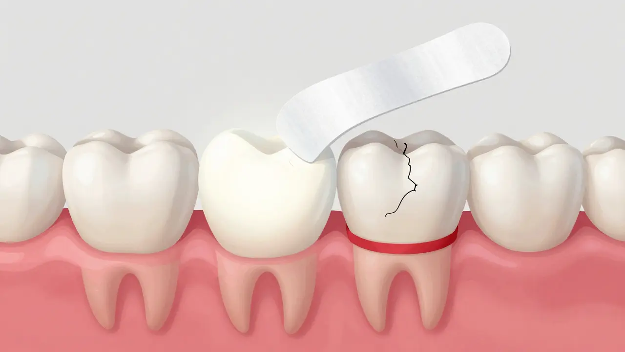 Průřez zubu s pronikáním peroxidu vodíku do emalu.