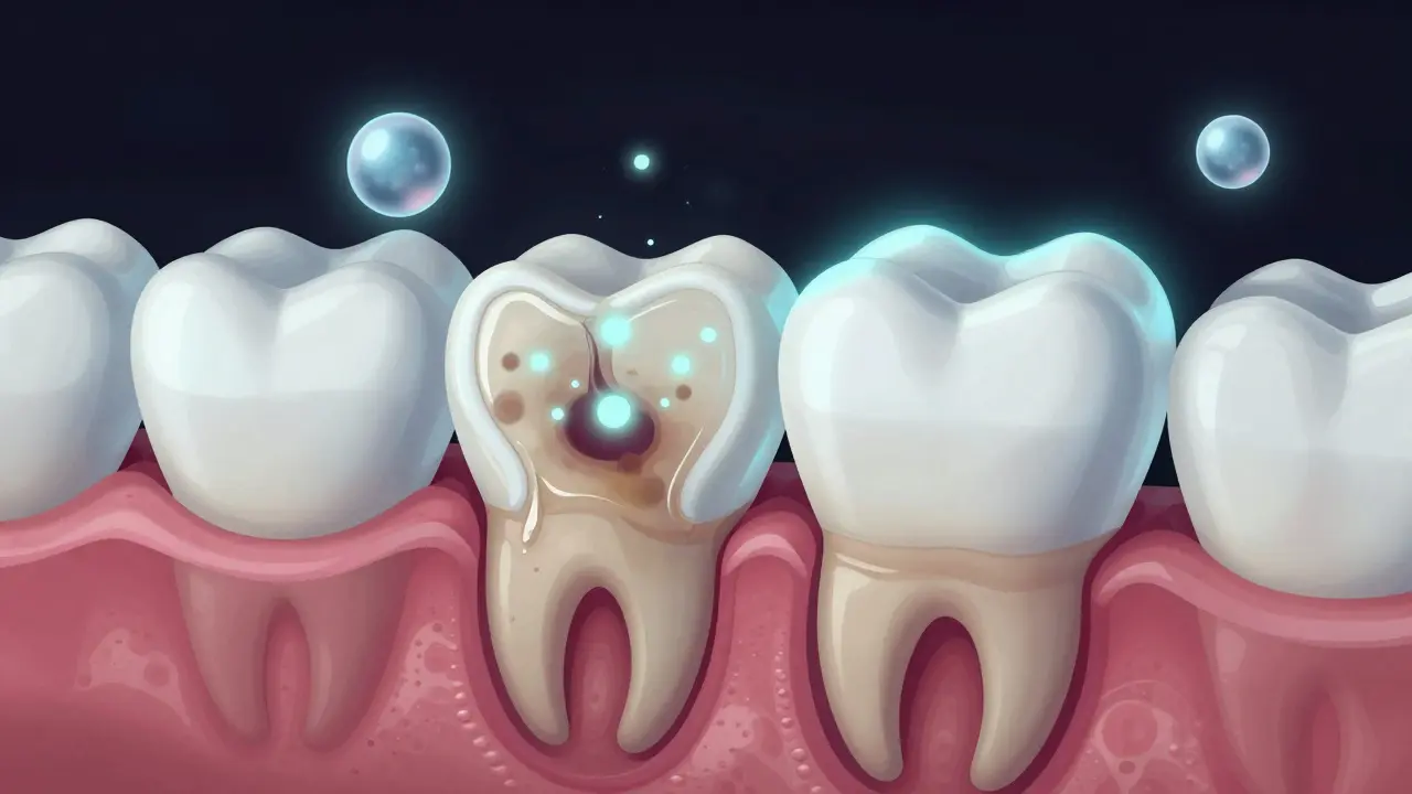Řez zubem ukazující, jak gel proniká do skloviny a rozkládá pigmenty.