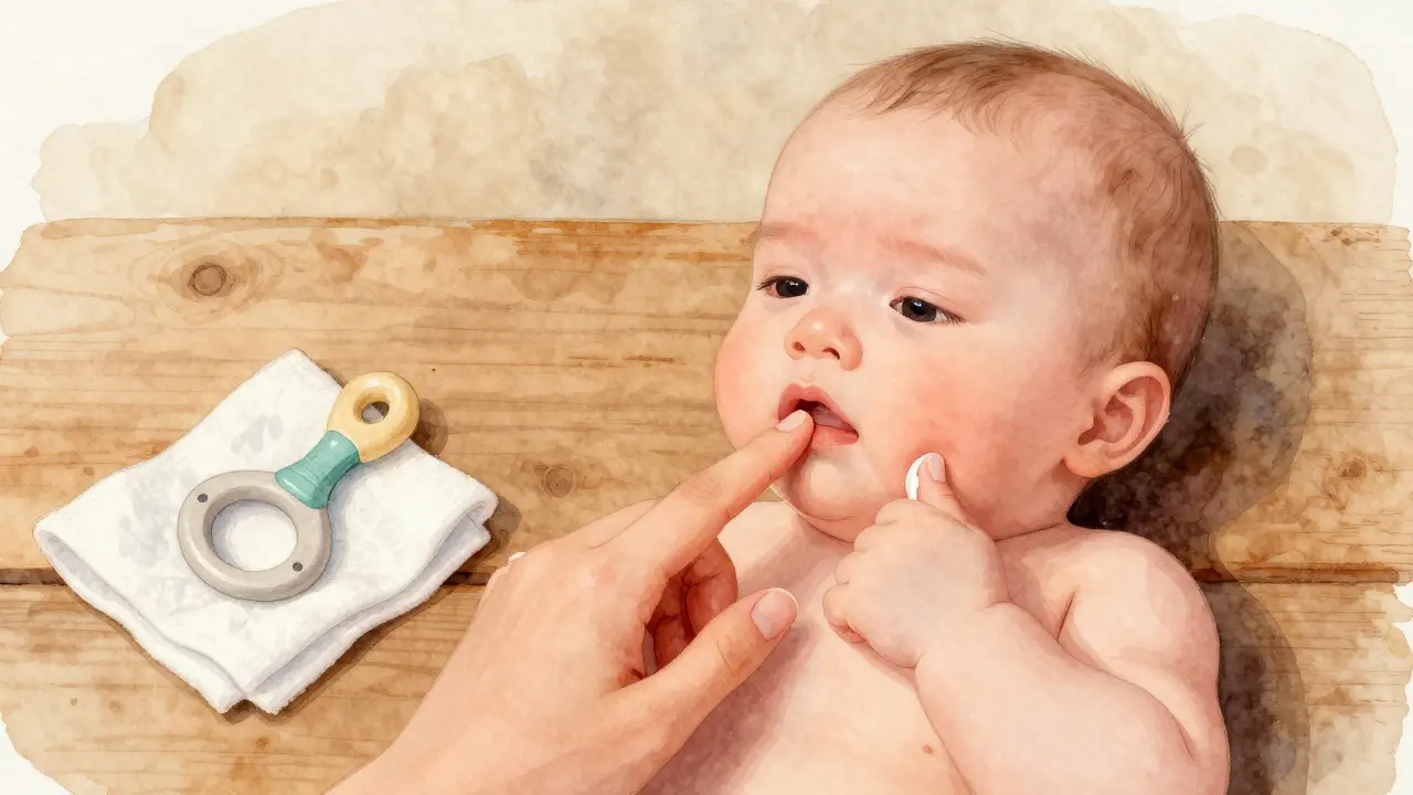 Rodič jemně masíruje dásně dítěte čistým prstem, vedle chladný zubní chřipka.