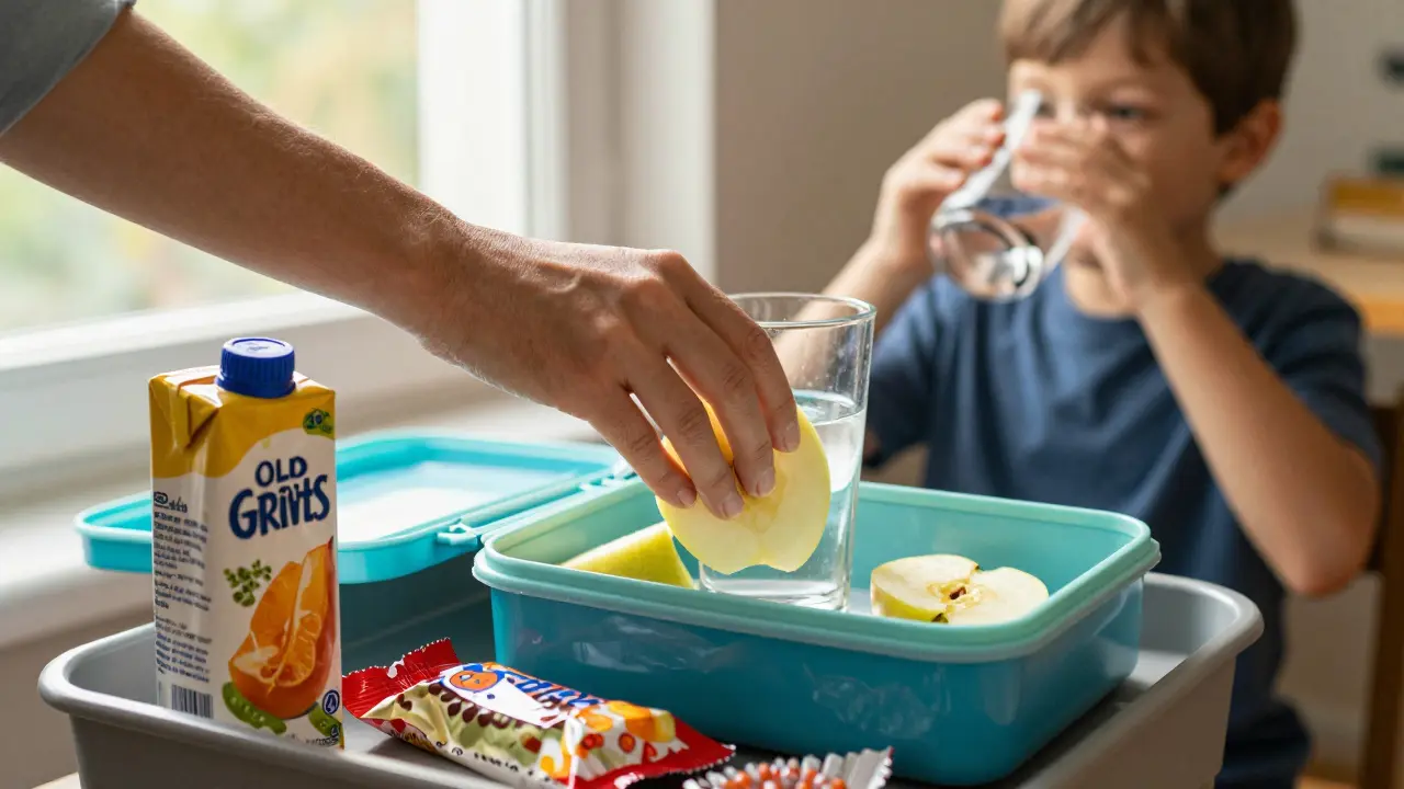 Rodič klade jablko a vodu do svačiny, zatímco sladké obaly leží v koši.