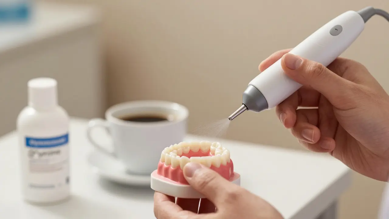 Ruce hygienistky s přístrojem na pískování a jemný prach nad čistými zuby.