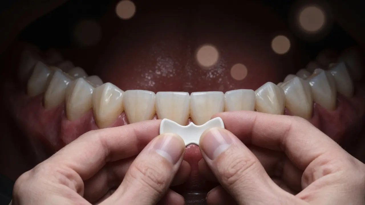 Ruce připevňují fazetu na zub, zatímco v pozadí se v temnotě ztrácí poškozené zuby a krvácení dásní.