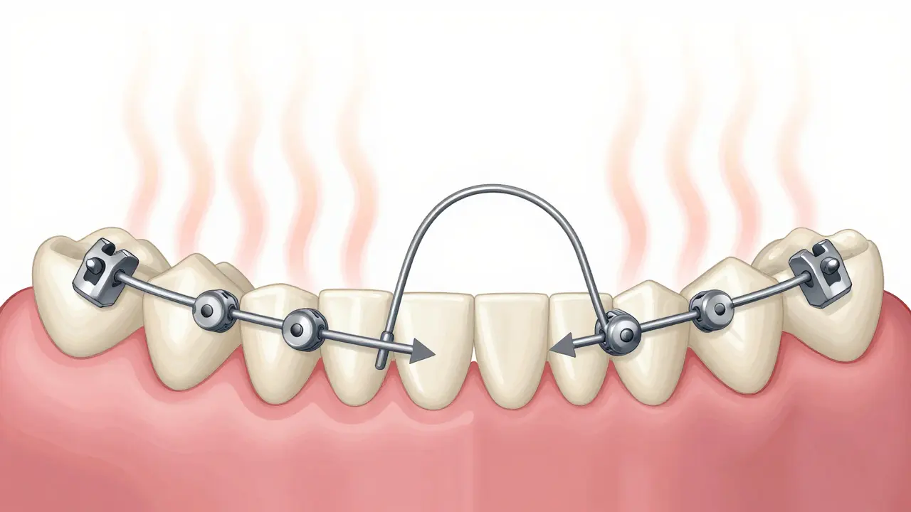 Schematický nákres síly a směru pohybu zubů pomocí oblouku