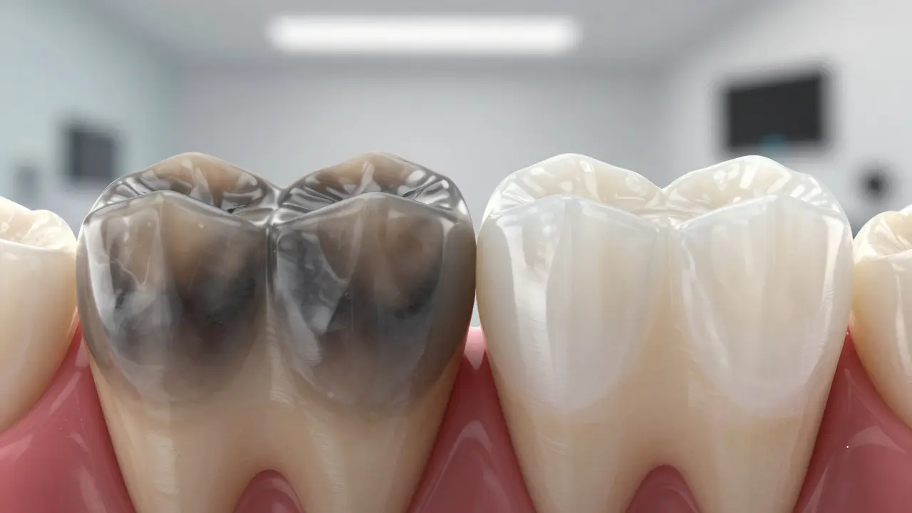 Side-by-side comparison of a tetracycline-stained tooth and a restored porcelain veneer.