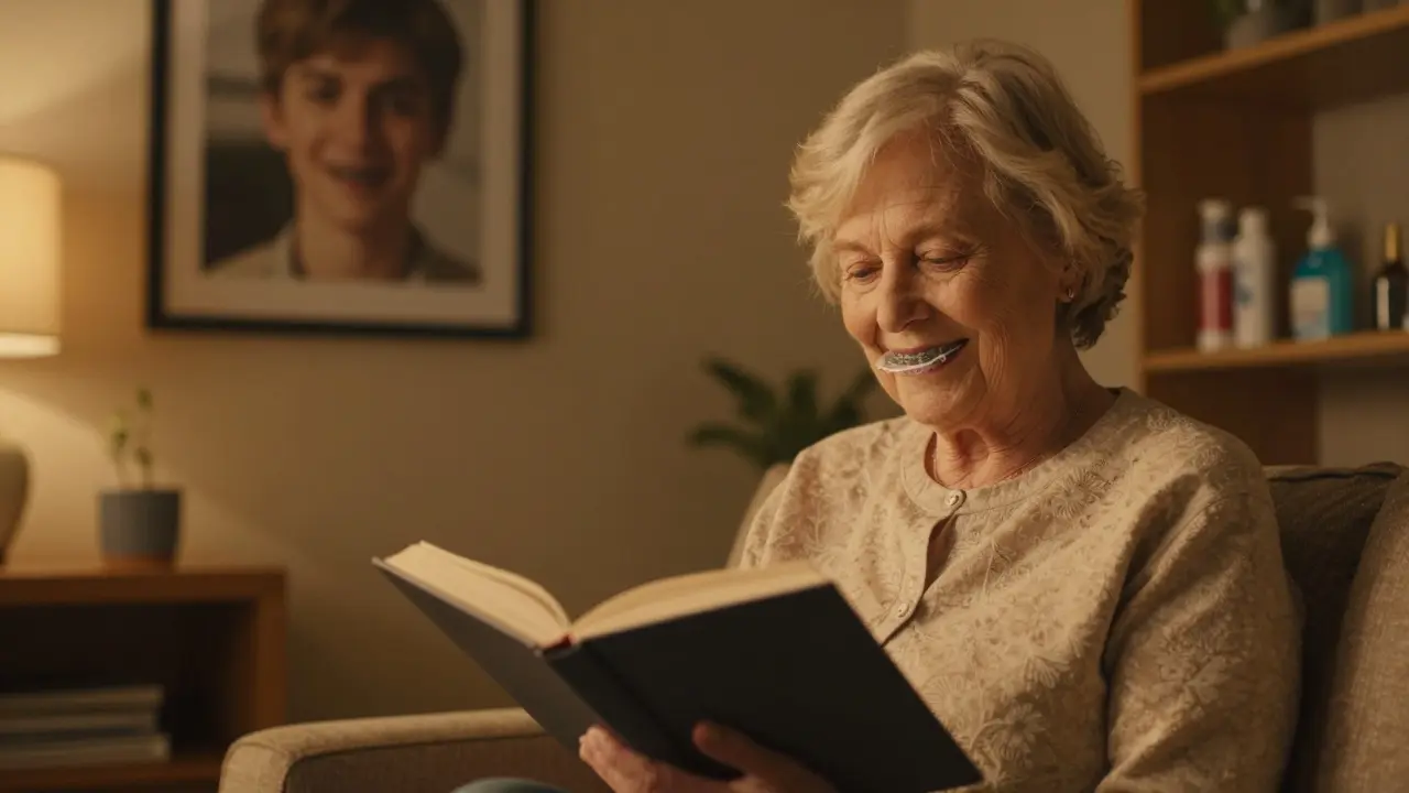 Starší osoba nosí odstranitelné držidlo večer, zatímco na fotografii na zdi je vidět její mladší verze s rovnátky.