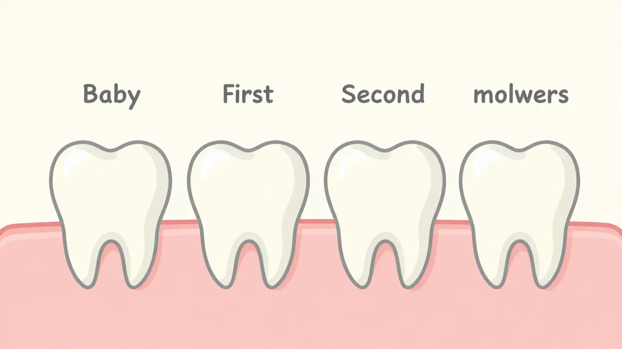 Struktura mléčných zubů v ústech dítěte: řezáky, klíčové zuby a moláry.