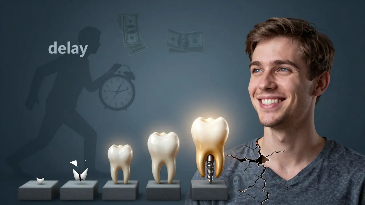 Transformace poškozeného zubu do plného obnovy s cestou cenových úrovní a stínem zpoždění.