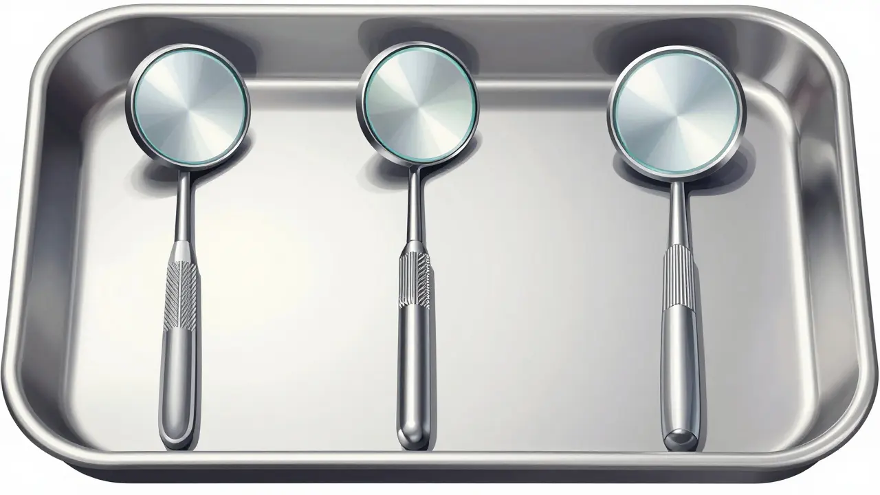 Tři typy dentálních zrcátek: rovinné, přímé a zvětšovací, položené na kovovém podložce.