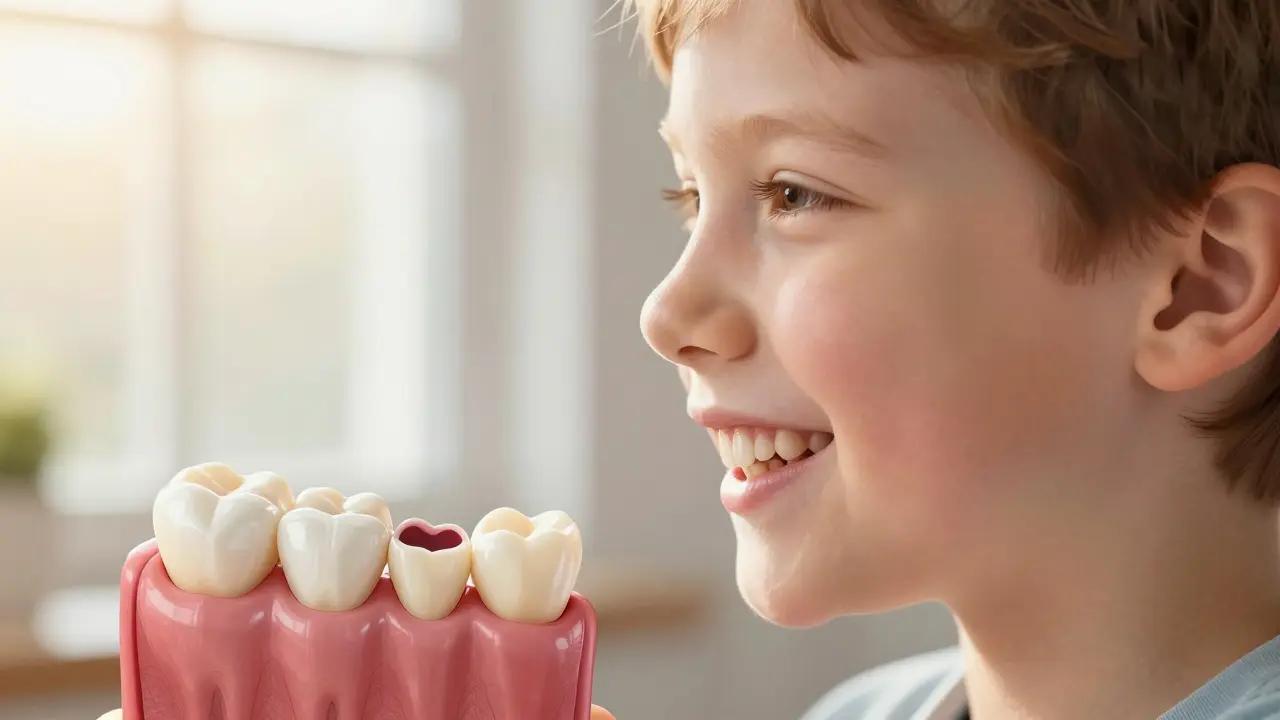 Trvalý molár vyrůstá za mléčnými zuby u šestiletého dítěte.