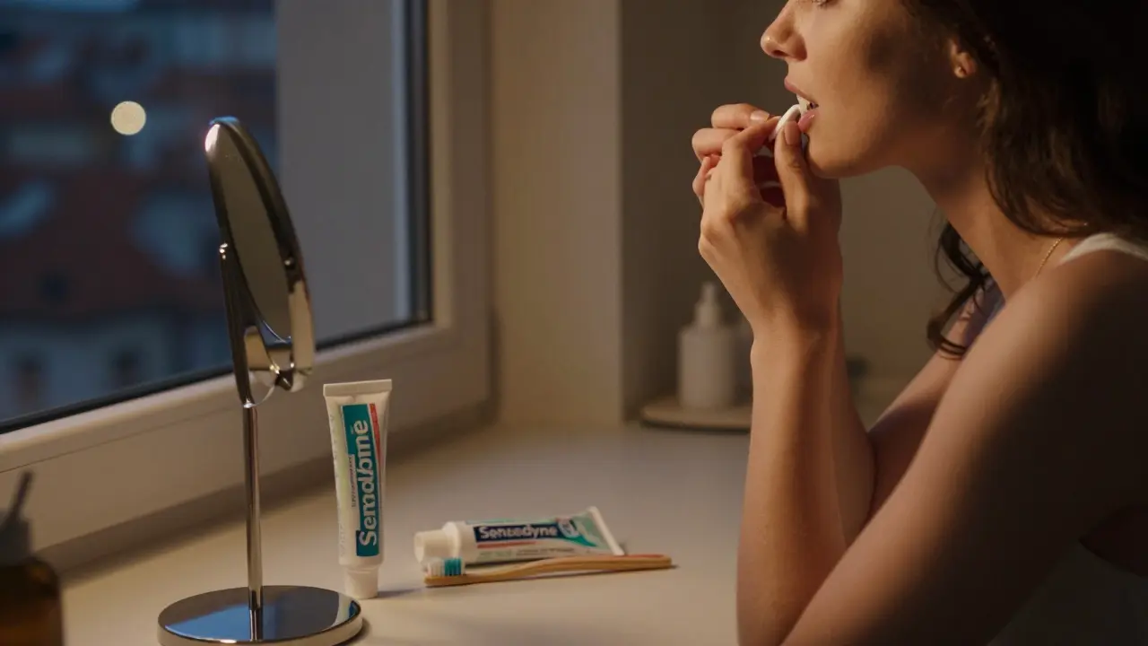 Žena aplikuje gel na zuby doma večer, s pastou pro citlivé zuby na stole.