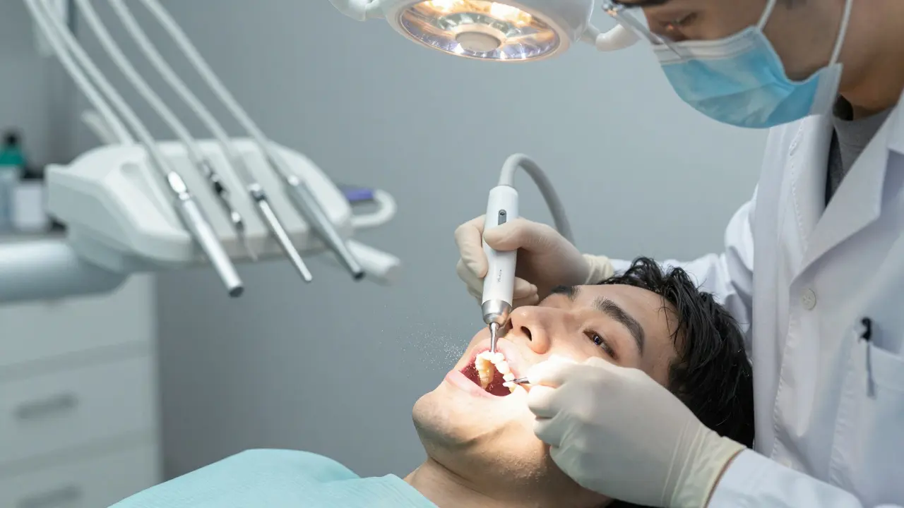 Zubní hygienik odstraňuje kámen pod dásní ultrazvukovým nástrojem v klinice.