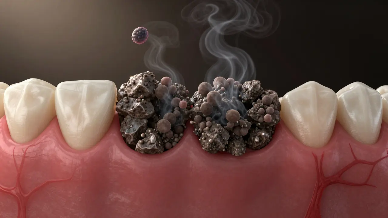 Zubní kámen pod dásní jako tmavý vápenitý návrh s bakteriemi kolem, kontrastující se zdravou dásní.