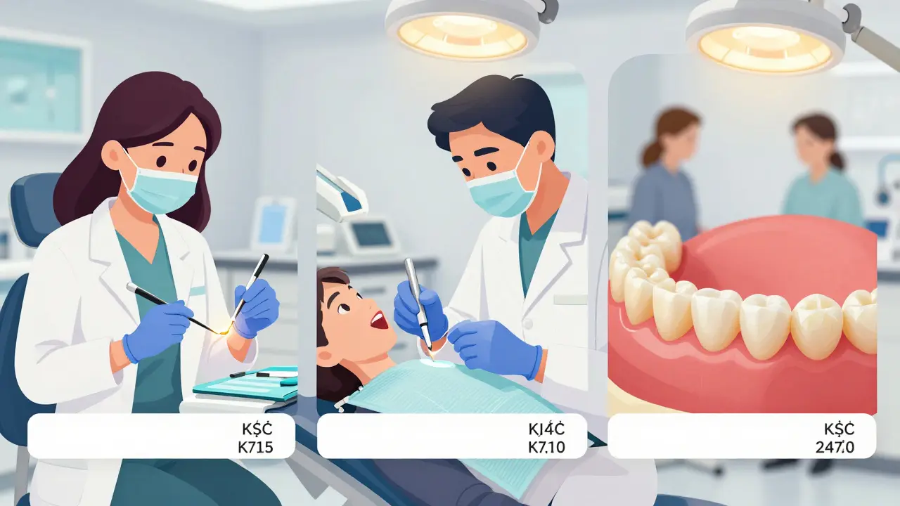 Zubní klinika: lékař aplikuje plombu, technik dělá vložku a je vidět korunka.