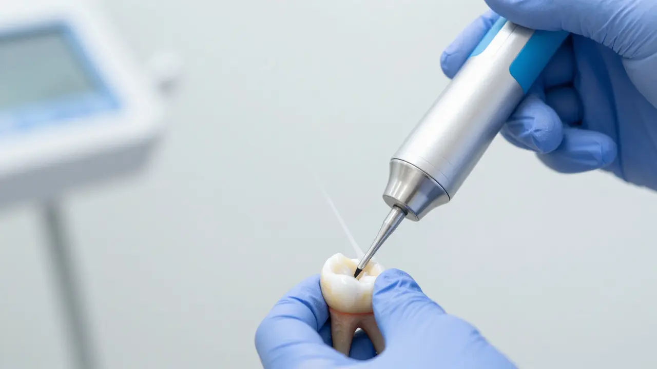 Zubní lékař používá ultrazvukové zařízení k odstranění zubního kamene.