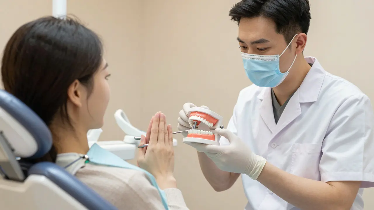 Zubní lékař vysvětluje možnosti implantací pomocí modelu čelisti.