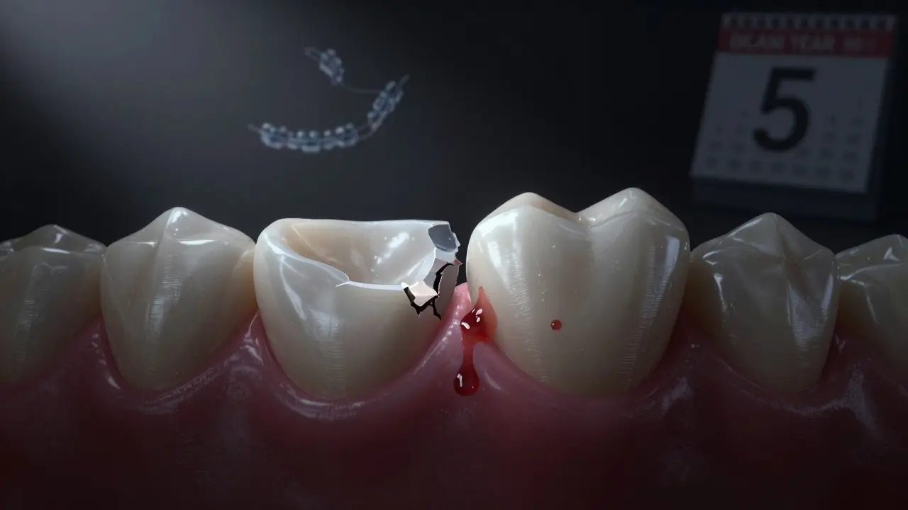 A broken ceramic veneer with a cracked tooth beneath, surrounded by signs of dental damage.