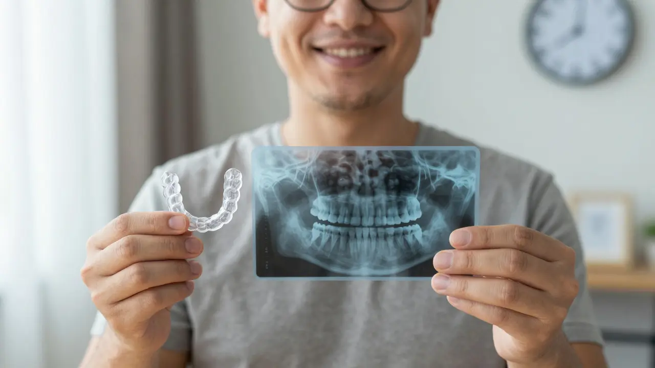 Adult smiling with retainer and dental X-ray showing before-and-after tooth alignment after treatment.