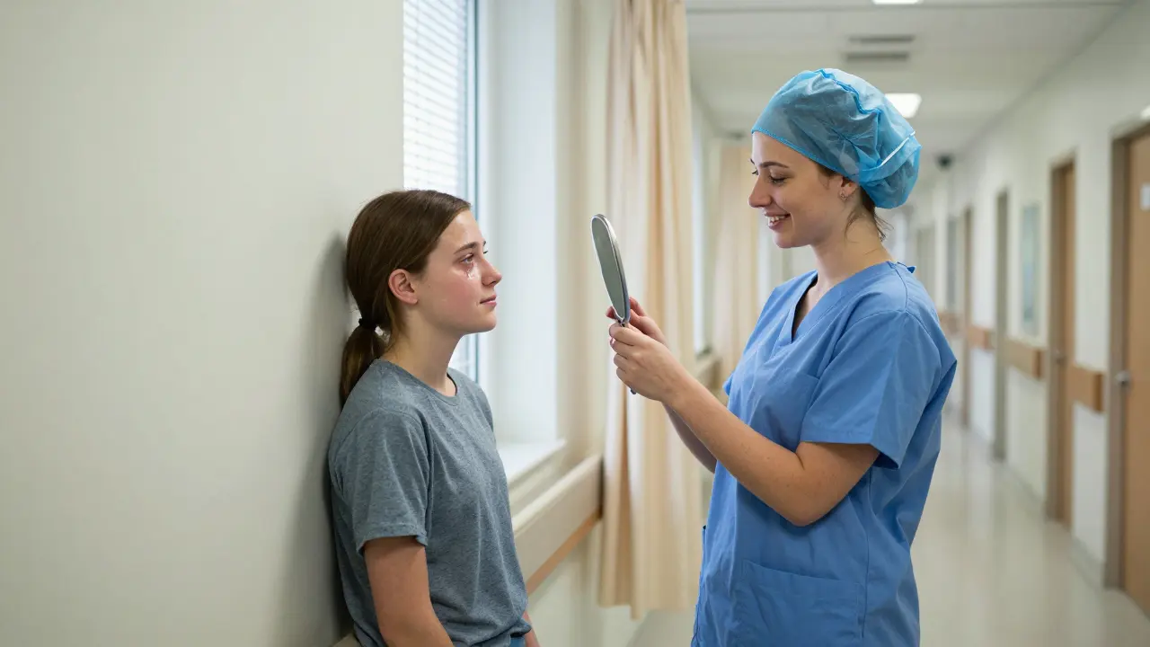 Chirurgyně ukazuje pacientce její novou tvář v zrcadle, obě pláčou z radosti.