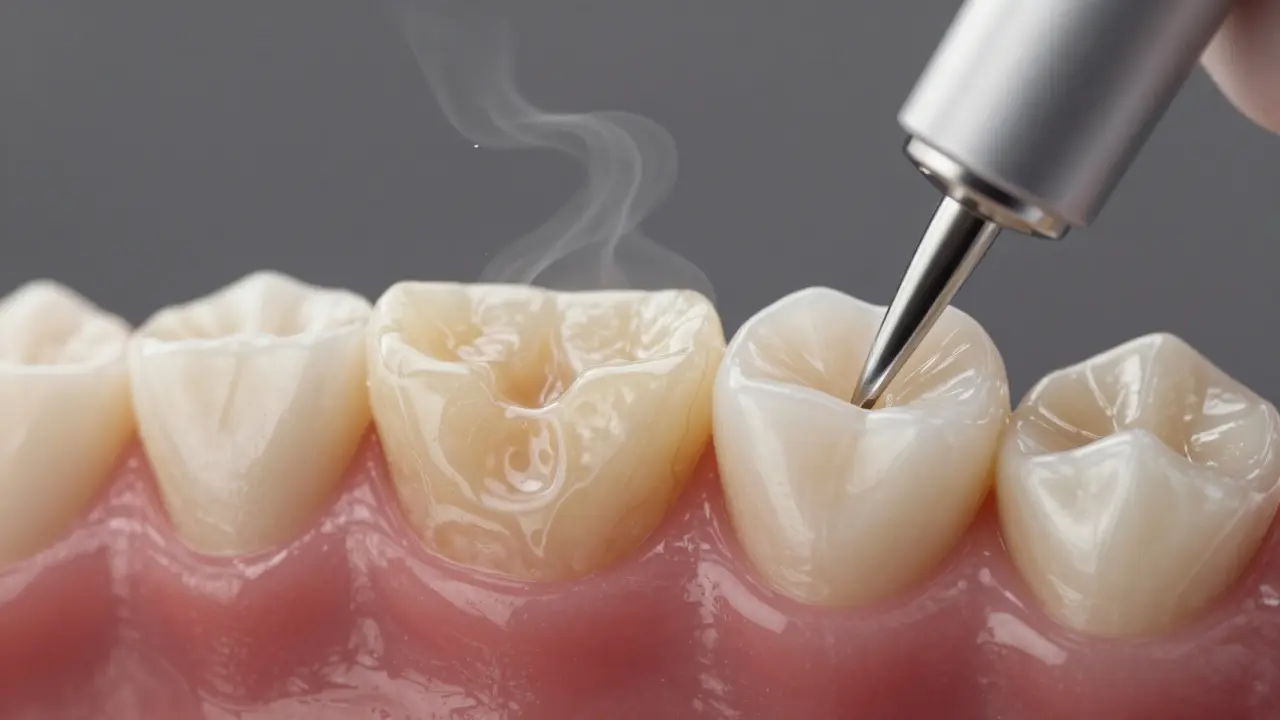 Close-up comparison of tooth with and without tartar buildup after professional cleaning.