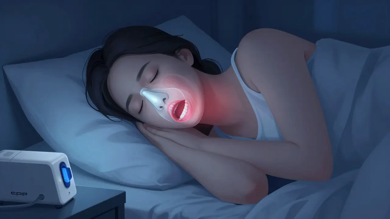 Člověk klidně spí v noci, dýchá nosem, zuby jsou správně zarovnané, CPAP přístroj je vypnutý.