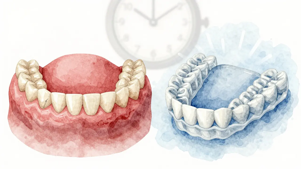 Contrasting images of damaged veneers on crooked teeth versus clear aligners correcting alignment.
