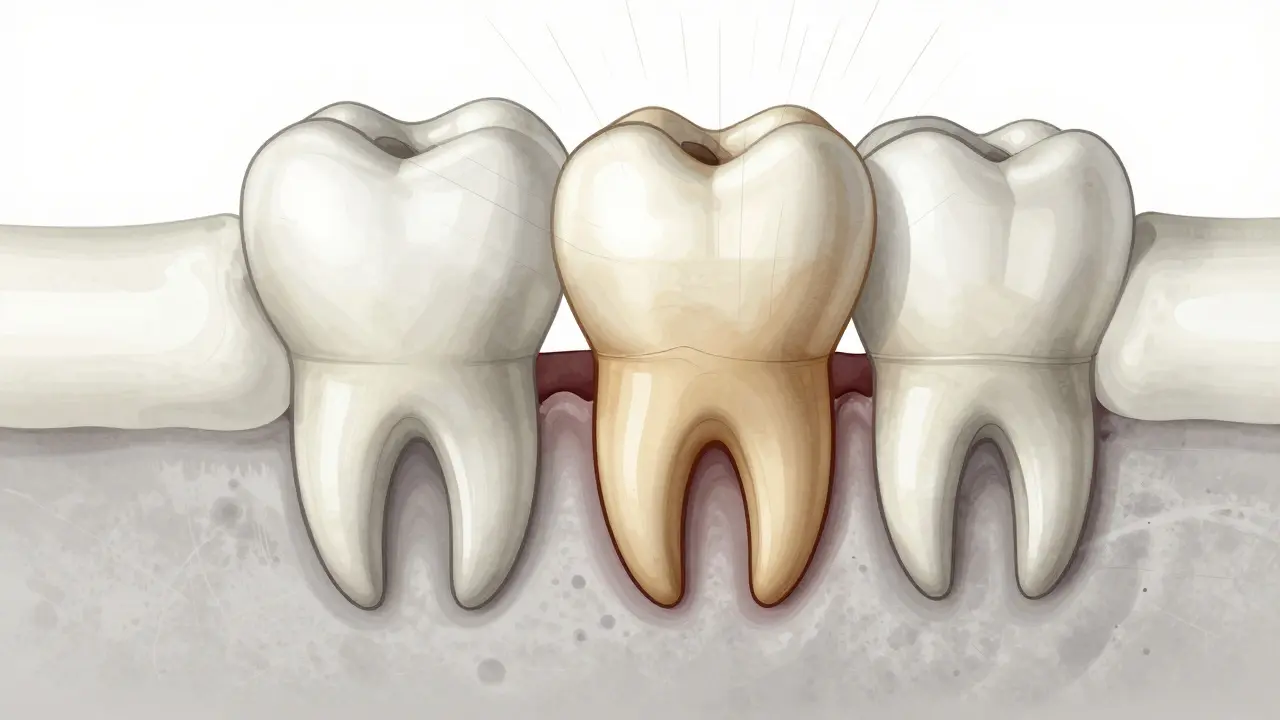 Cross-section of jaw showing wisdom tooth growing at an angle beneath gum.