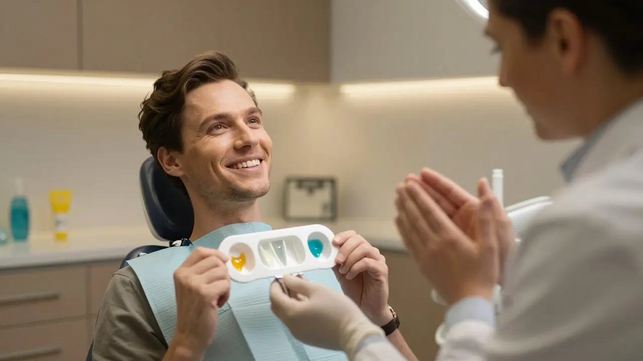 Dospělý v zubní klinice používá gel Opalescence s fluoridem pod dohledem zubaře.