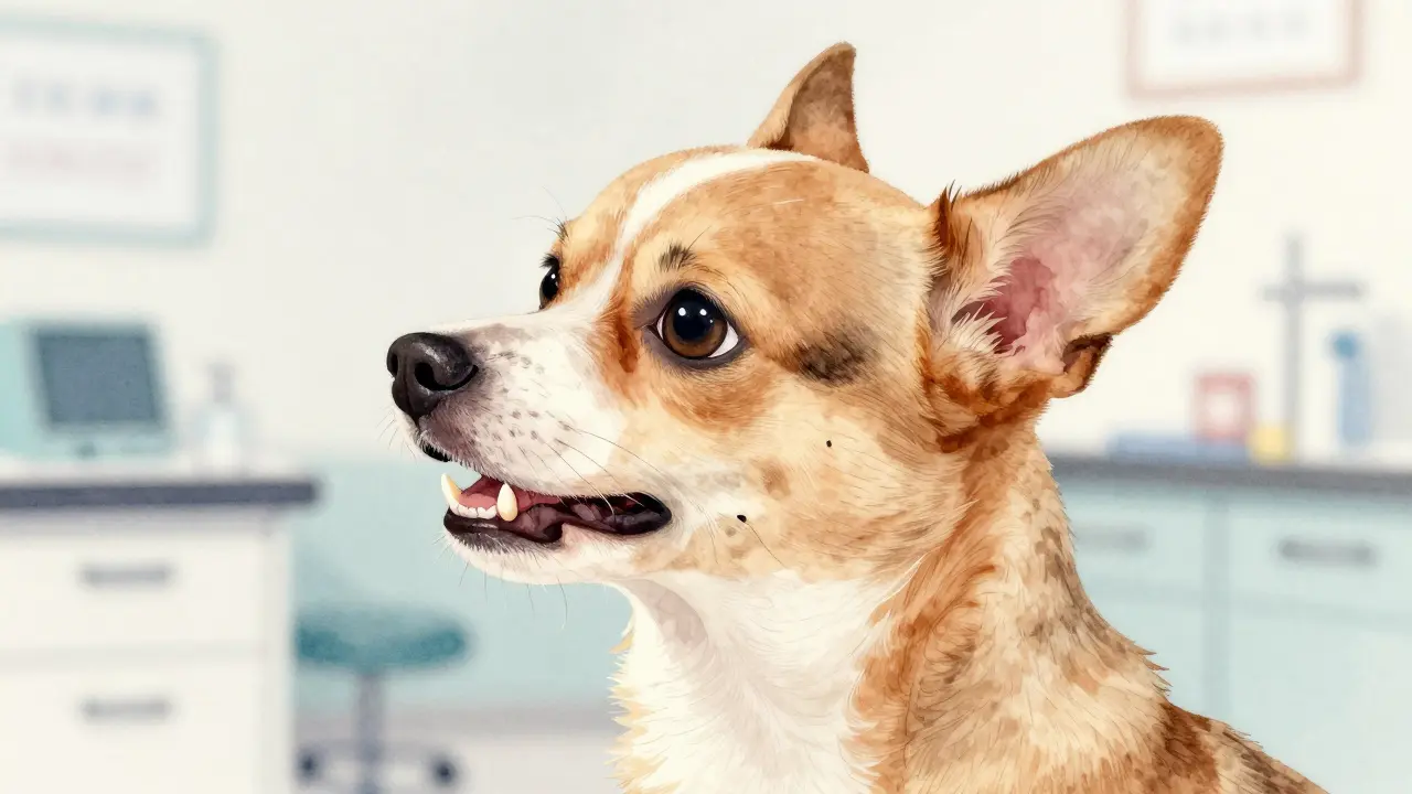 Dva předkousy vedle sebe u štěněte malého plemene — mléčný a trvalý zub, znak překrývání.