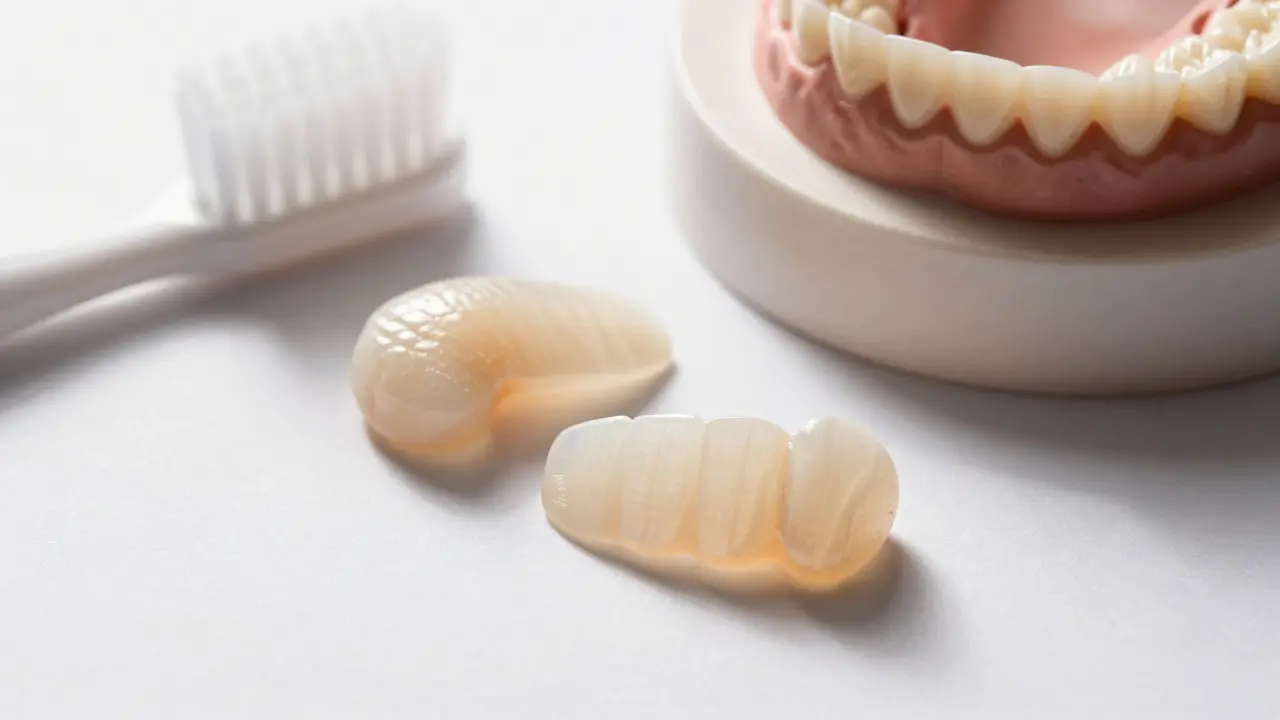 Dvě premium nalepovací zuby na bílém pozadí s odtiskem a kartáčkem.