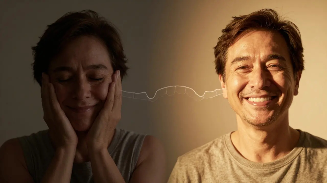 Dvojí portrét: jedna strana před léčbou s úzkostí, druhá strana po léčbě s sebevědomím a světlem.