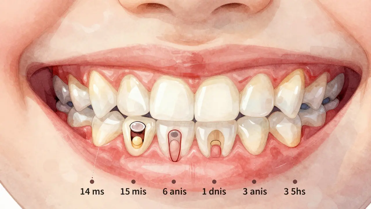 Ilustrace vývoje mléčných zubů u dítěte od 6 měsíců do 3 let