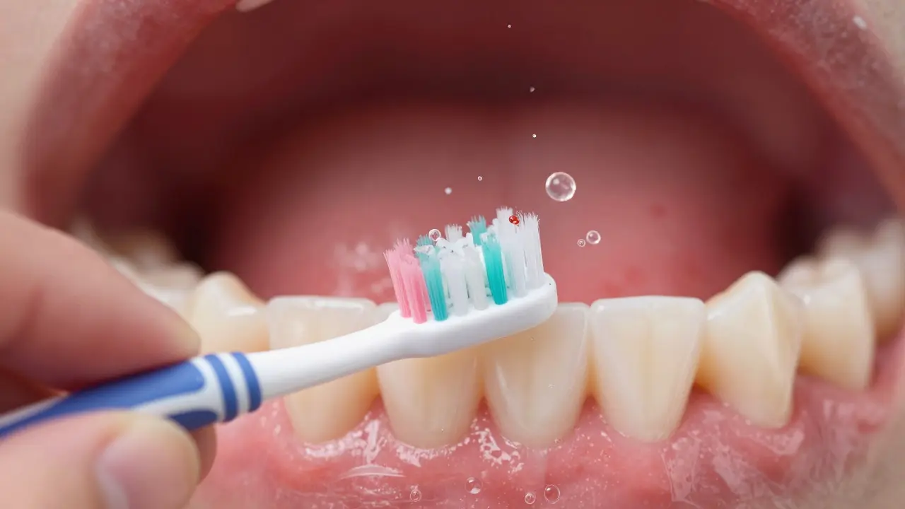 Kartáček Curaprox s ohnutou hlavičkou přizpůsobenou tvaru zubů, odstraňující plak jemným pohybem.