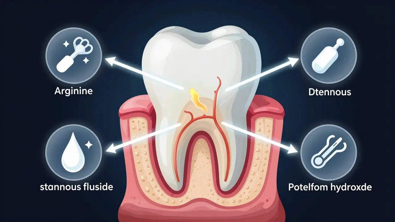 Křížový řez zubu s expozicí dentinu a nervů, s označenými účinnými látkami proti citlivosti.