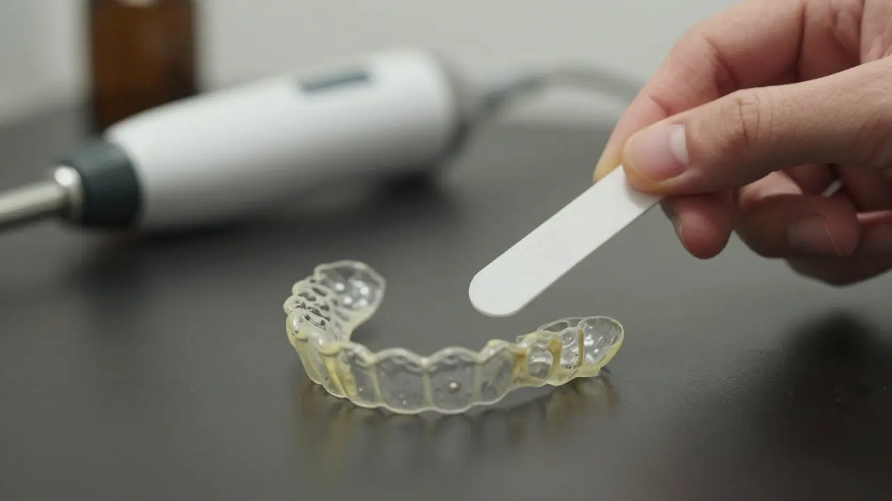 Lehce žlutá neviditelná rovnátka s čisticí tabletou, v pozadí náznak ortodontické kliniky.