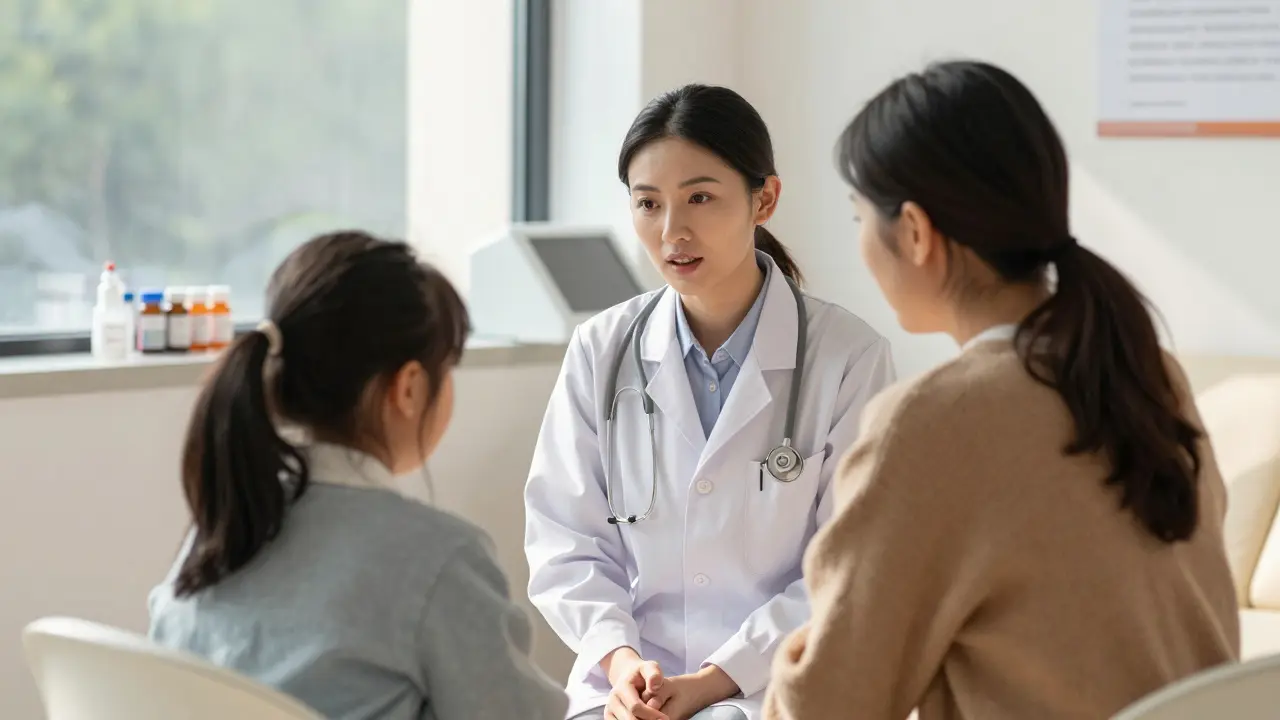 Lékař a matka diskutují o zdraví v ordinaci.