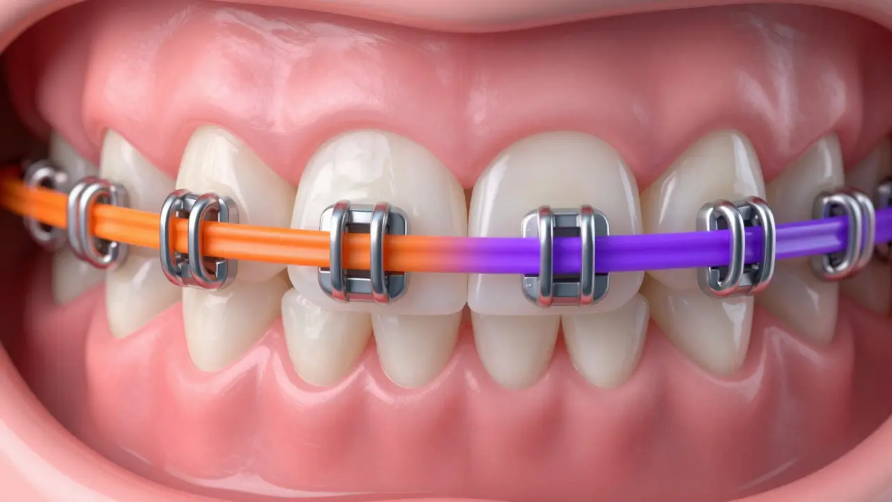 Makro záběr zubů s kovovými drátky a barevnými gumami.