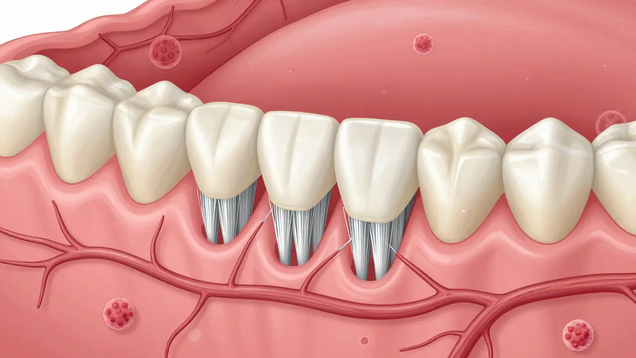 Mikroskopický pohled na dásně s štětinami Curaprox, které odstraňují plak bez poškození tkáně.
